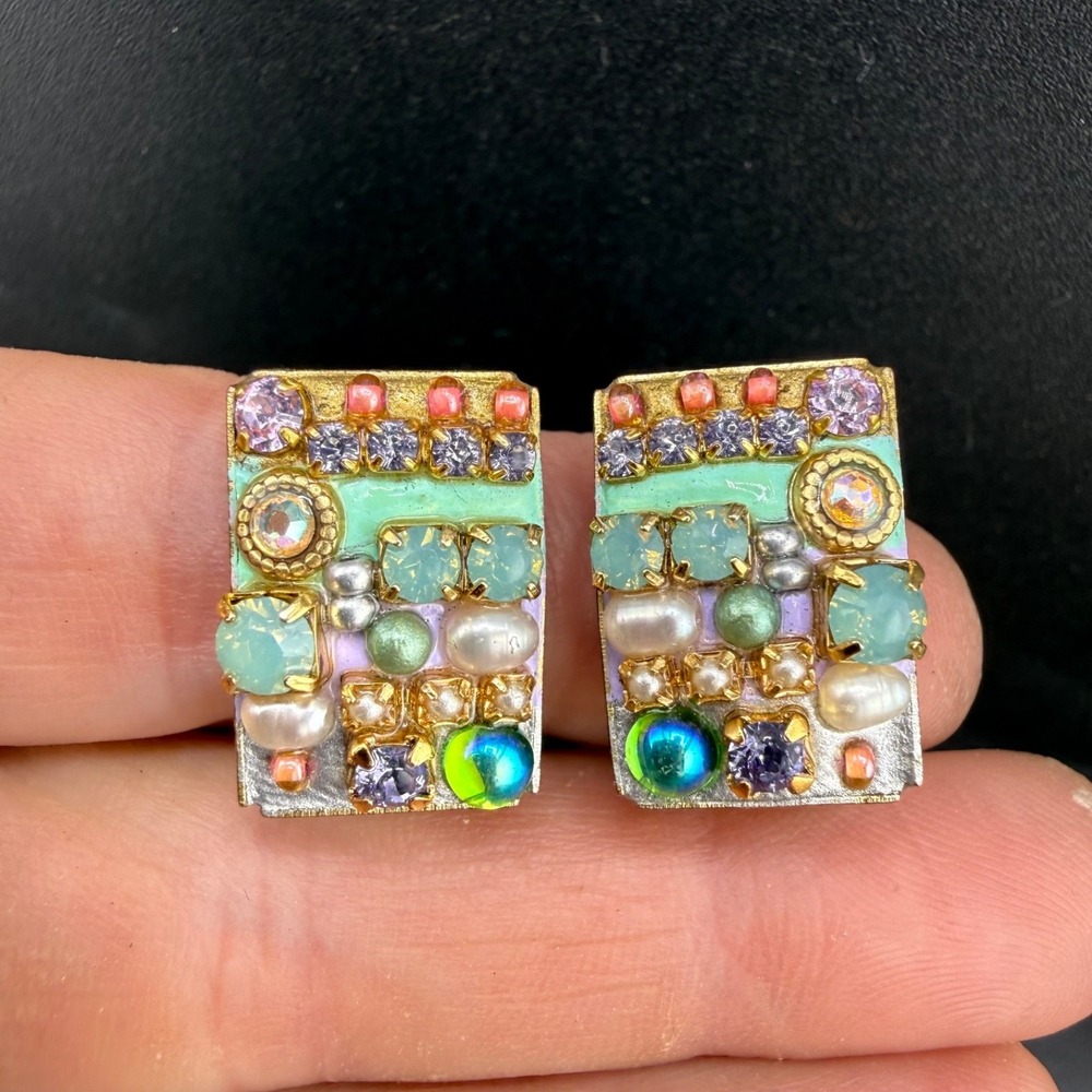 Vintage Michal Golan Clip On Earrings Gold Tone Pastel Beach